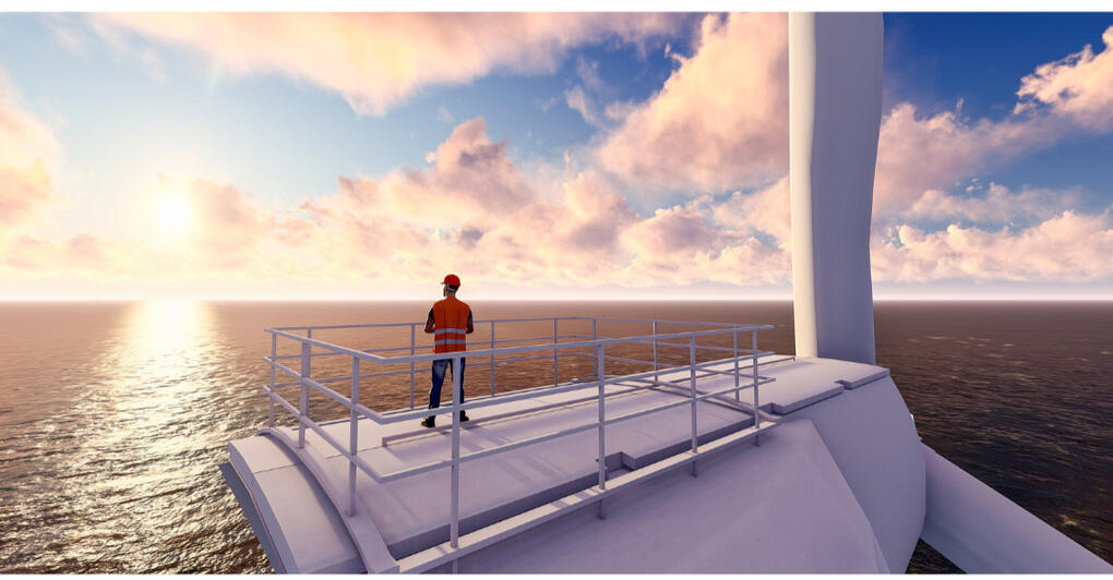 Wind turbine worker (Engineer) inspecting wind turbines. Wind turbines in the ocean, concept for wind energy, sustainability and